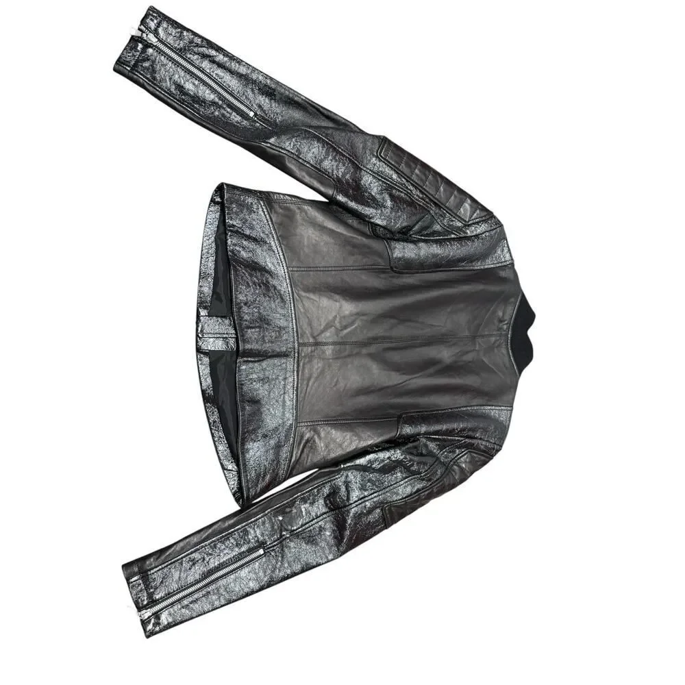 Theory Shezi Lamb Leather Moto Jacket Black Patent Crackled Zip M